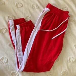 Red and white fleece joggers